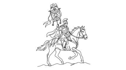 Fototapeta premium Roman Soldier on Horseback with Aquila Standard - Line Art
