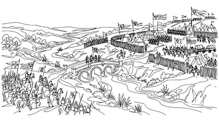 Fototapeta premium Medieval Battle Scene: Knights, Cavalry, and Tents on a Battlefield with Bridge and River