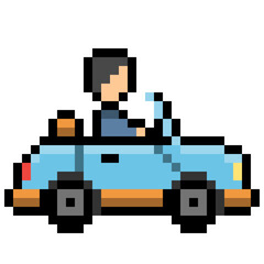 Fototapeta premium 8 bit Pixel art of a man driving a blue convertible car 