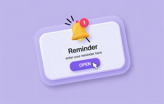 A notification reminder popup with a yellow bell icon and purple button on a light purple background with a white text box