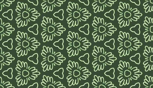 A green floral pattern with white lines. The pattern is made up of triangles and circles