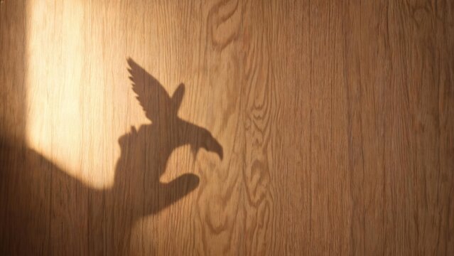 Shadow of hand forming bird shape on wood