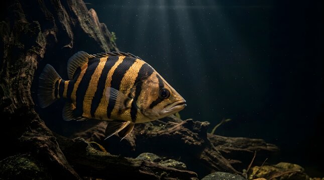 Side profile of a Siamese Tigerfish swimming in dark underwater environment with driftwood