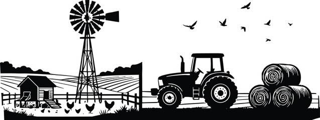 Farm Landscape with Tractor Windmill Chicken Coop and Hay Bales © Aiyan