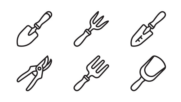 Set of garden tools line art icons including trowels cultivators and hand pruners for yard work with gardening cultivator agriculture equipment scissors clippers maintenance cultivation