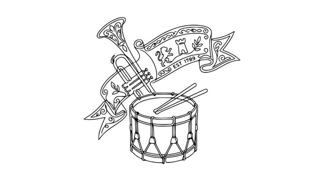 Outline illustration of a snare drum with sticks and a trumpet, featuring a banner with a crest and 'EST 1789'.