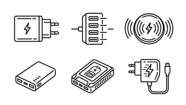 Set of electrical power adapters chargers and battery backup icons with electricity electronic illustration collection wireless induction recharge portable capacity monochrome isolated