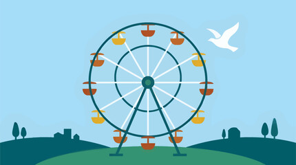 Flat Vector Illustration of a Minimalist Ferris Wheel with Orange and Yellow Gondolas, White Dove Flying in Blue Sky, Green Hills and Silhouetted Town in Background © Bambang