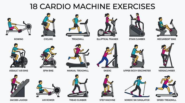 Flat Vector Icons of 18 Cardio Machine Exercises with People Exercising, Including Treadmill, Cycling, Rowing, Elliptical, Stair Climber, Ski Erg, and More, Clean Graphic Design on White Background