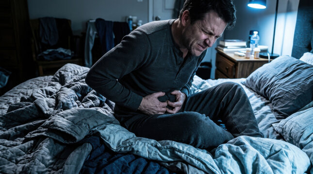 Man Seated On Bed Experiencing Abdominal Pain At Night