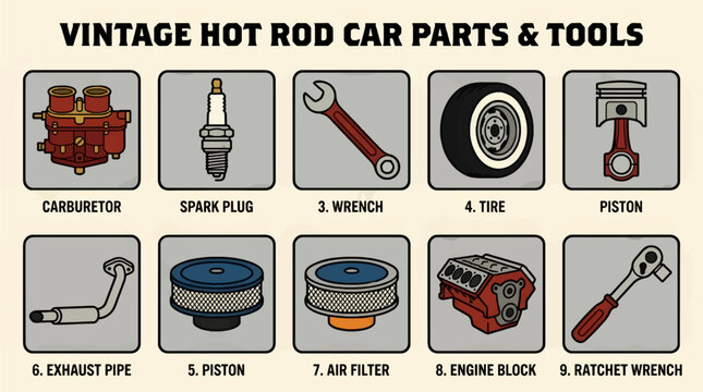Vintage Hot Rod Car Parts and Tools Flat Vector Icons Set, Featuring Carburetor, Spark Plug, Wrench, Tire, Piston, Exhaust Pipe, Air Filter, Engine Block, and Ratchet Wrench