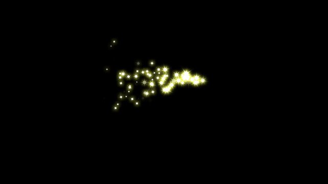 4k Golden sparkle glitter star trail with magical fairy dust glow, cartoon doodle sparkles, sparkles glitter line blink stars, fairy dust wand glitter stars trail confetti transition on black screen.