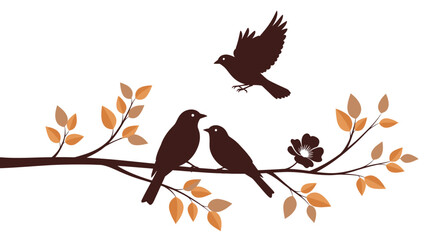 Fototapeta premium Silhouette of birds on a branch with autumn leaves.