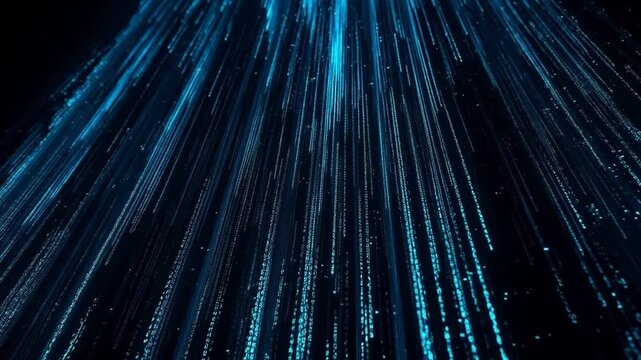Blue digital data streams flowing downward in a dark space