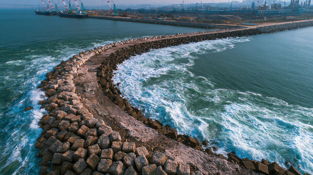 Coastal Breakwater Construction with Cranes in Distance