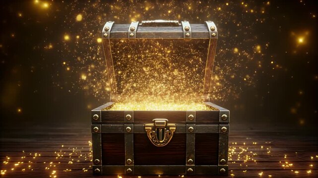 黄金の宝箱から光の粒子があふれる幻想的な財宝