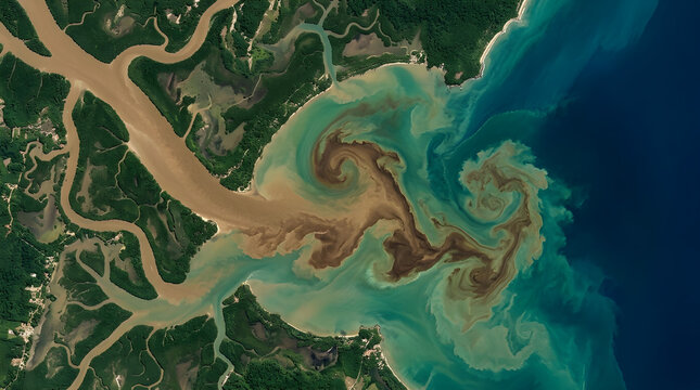 Remote Sensing imagery unveils the dynamic confluence of a river delta, where vast sediment plumes merge and swirl into the ocean, showcasing intricate Earth processes