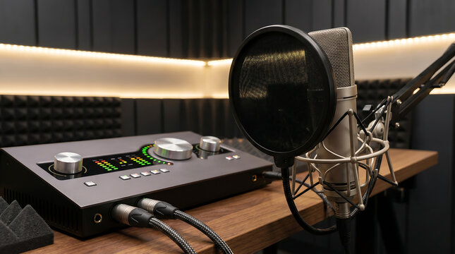 Professional microphone and audio interface in a recording studio Generative AI.