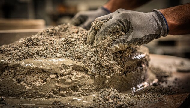Side view of workers focused hand spreading coarse refractory sand on wet ceramic shell maintaining sharp focus on sand particles while background remains soft.