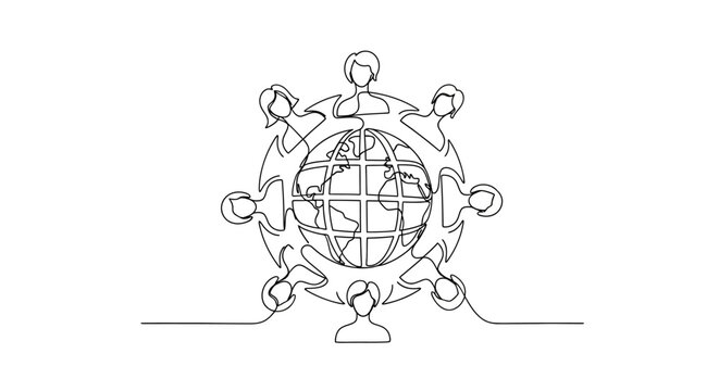 Global connection: One line drawing of diverse people surrounding planet Earth.