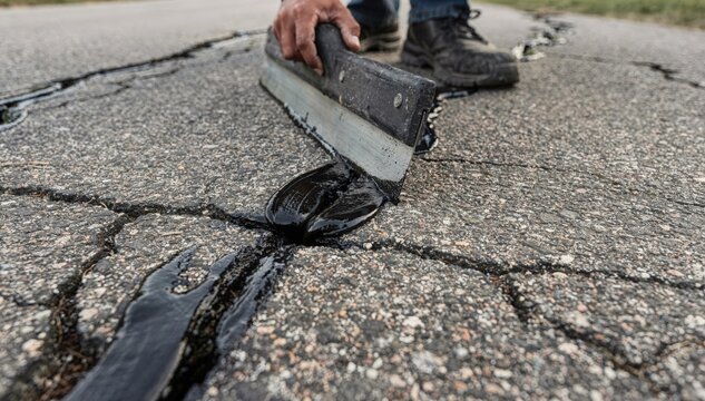 Focused medium shot capturing the smooth spreading of black crack filler using a squeegee highlighting the textured surface contrast between filled cracks and aged asphalt.