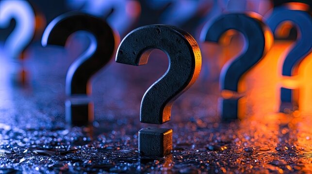 Dark, metallic question marks shimmer on a wet, reflective surface, backlit