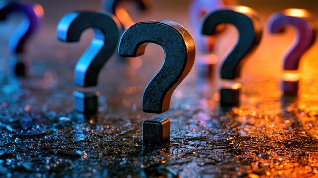Many metallic question marks of varying colors reflect on wet ground