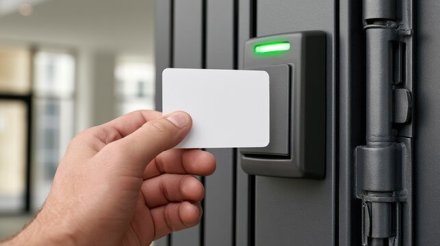 Hand holding blank card to access control reader with green light (1)