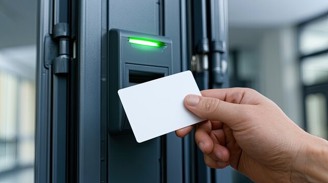 Hand holding blank card to access control reader with green light