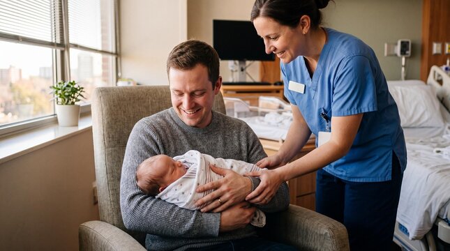Proud father holding newborn baby in hospital ward with midwife guiding him