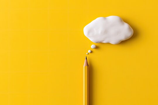 A single yellow pencil on a bright yellow background with a white thought bubble