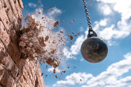 Wrecking ball impact shatters brick wall, debris explodes against bright sky