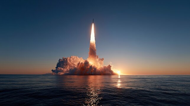 Rocket ascends from ocean at sunrise, blazing fiery plume
