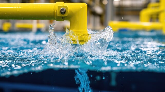 Yellow pipe discharges water creating splashes and bubbles in blue liquid
