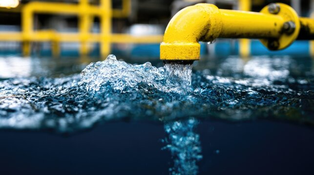 Vibrant yellow pipe discharges water into a dark, turbulent pool