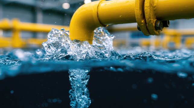 Yellow pipe releases water into clear blue liquid, creating splashes and bubbles