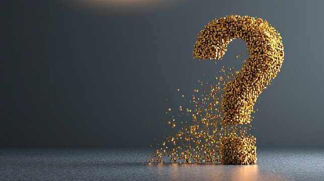 Glittering gold question mark disintegrating into particles on a dark background
