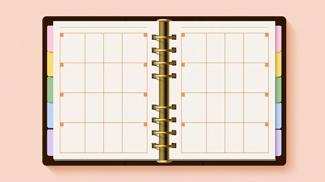 Open binder with blank grid pages for planning, separated by tabs
