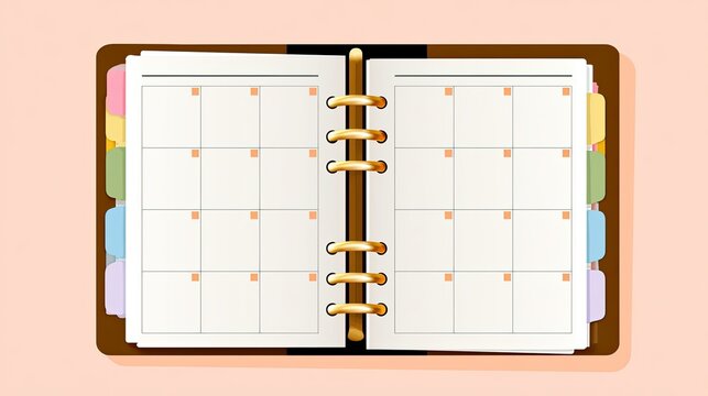 Open planner with blank calendar grids and colored tab dividers on a soft background