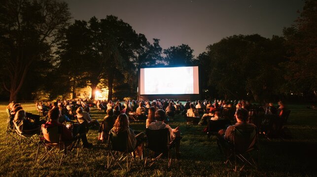People watch a movie on a large screen outdoors at night