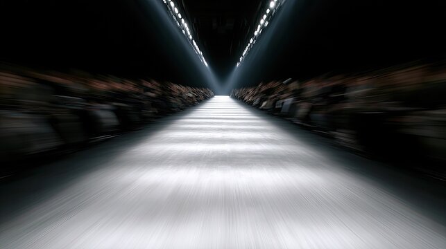 Empty runway under bright spotlight with blurred spectators on sides