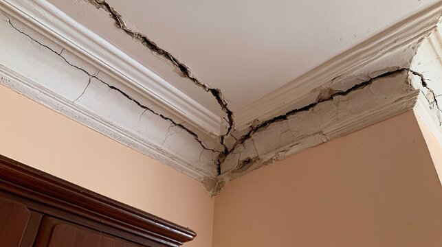 Deep, jagged cracks mar a white cornice and light-peach wall
