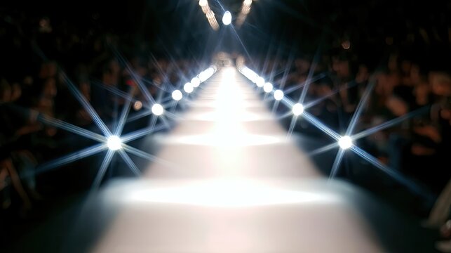 A runway bathed in dramatic spotlights, with blurred spectators in the background