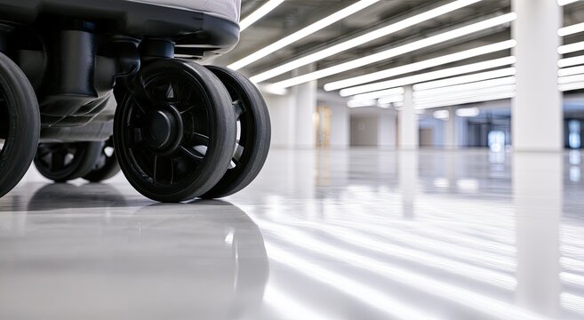 Close-up of a rolling luggage set on a polished floor