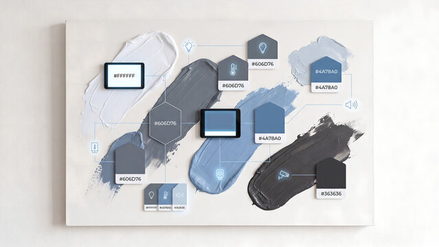 Color palette with hex codes on a canvas with paint swatches and digital devices displaying color codes and symbols.