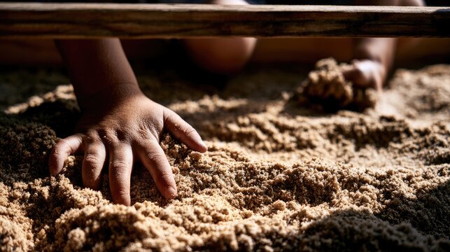 Close-up of a child's hand digging into gritty sand, with a wooden beam above