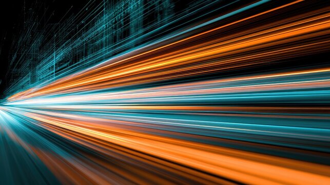 Streaking lines of cyan and orange light race forward against a dark, abstract background