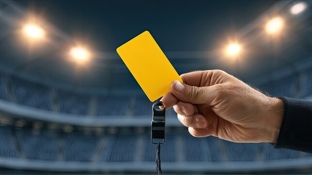 Referee's hand holding a yellow card and whistle in stadium