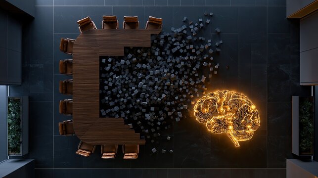 Empty conference table faces scattering cubes and glowing digital brain