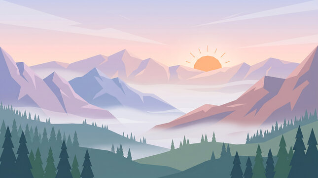 Mountain landscape with sunrise over snowy peaks and forest valley Generative AI